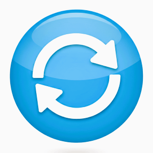 Blue circular icon button with rotating arrows.