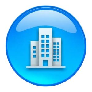 Blue circular icon button of a commercial building.