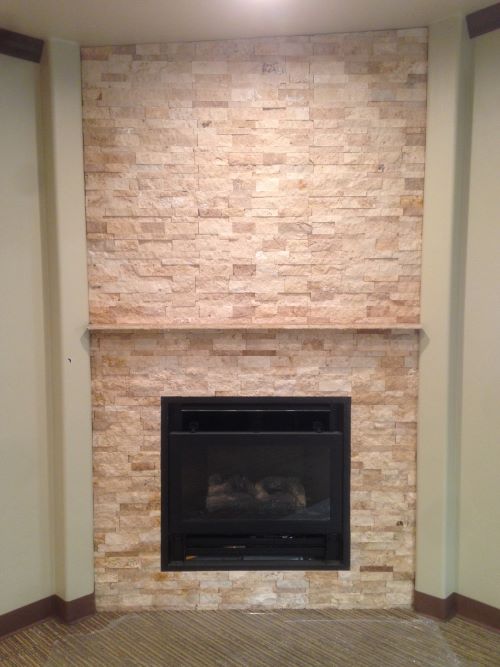 Stacked stone fireplace.