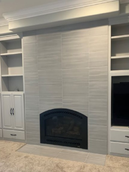 Modern fireplace wall and hearth.