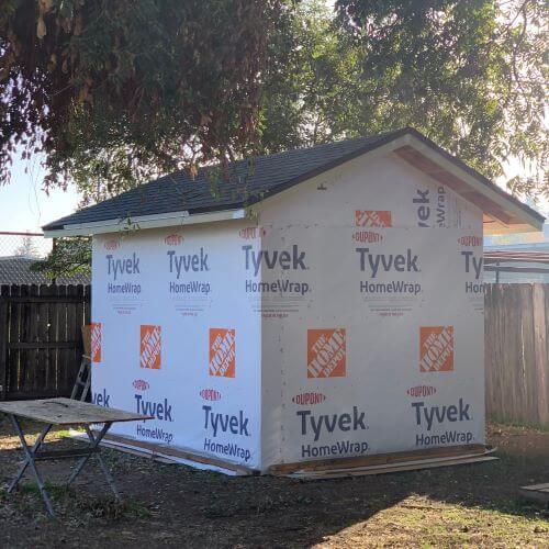 Shed with housewrap.