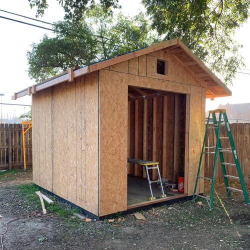 Shed with sheathing.