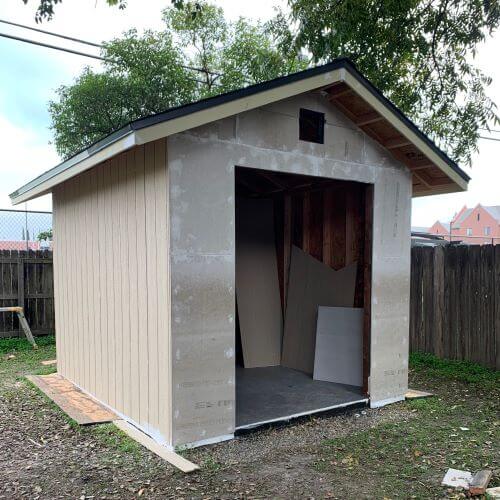LP Siding and HardieBacker on shed.